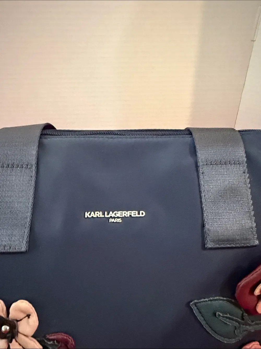 Karl Lagerfeld Navy Tote with Floral Appliqués & Inside Pockets